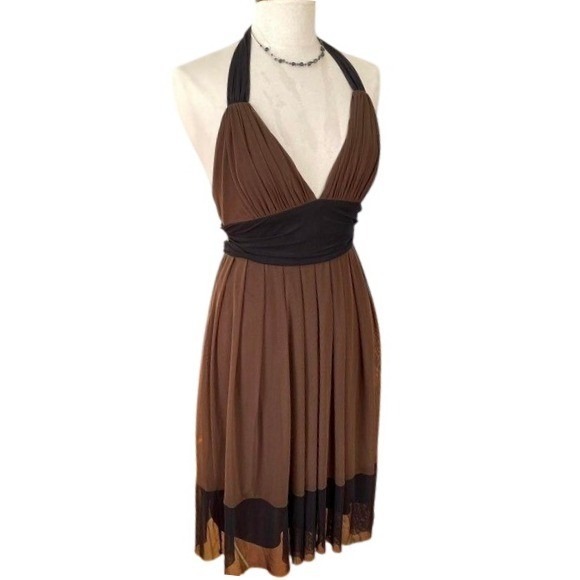 London Style Brown Black Halter Neck Ruched Waist Pleated Midi Dress Size 8 - Picture 3 of 7